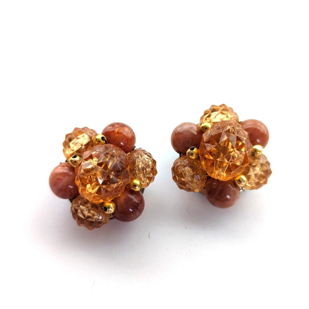 Vintage Estate Amber Beaded Cluster Signed Hong Kong Clip On Earrings